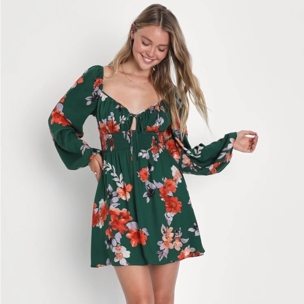 Lulu’s Cutie Moment Green Floral Print Long Sleeve Mini Dress size Large